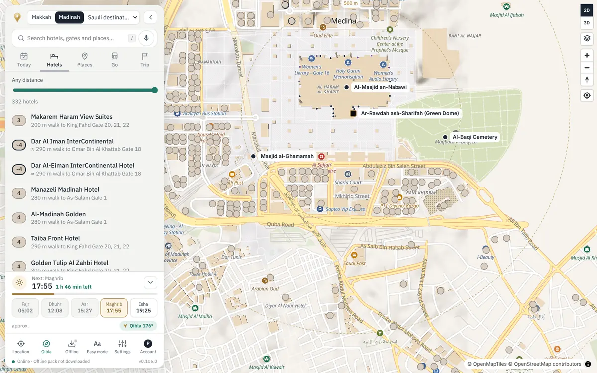 Madinah map showing hotels around Masjid an-Nabawi, the Green Dome, Al-Baqi Cemetery and Masjid al-Ghamamah
