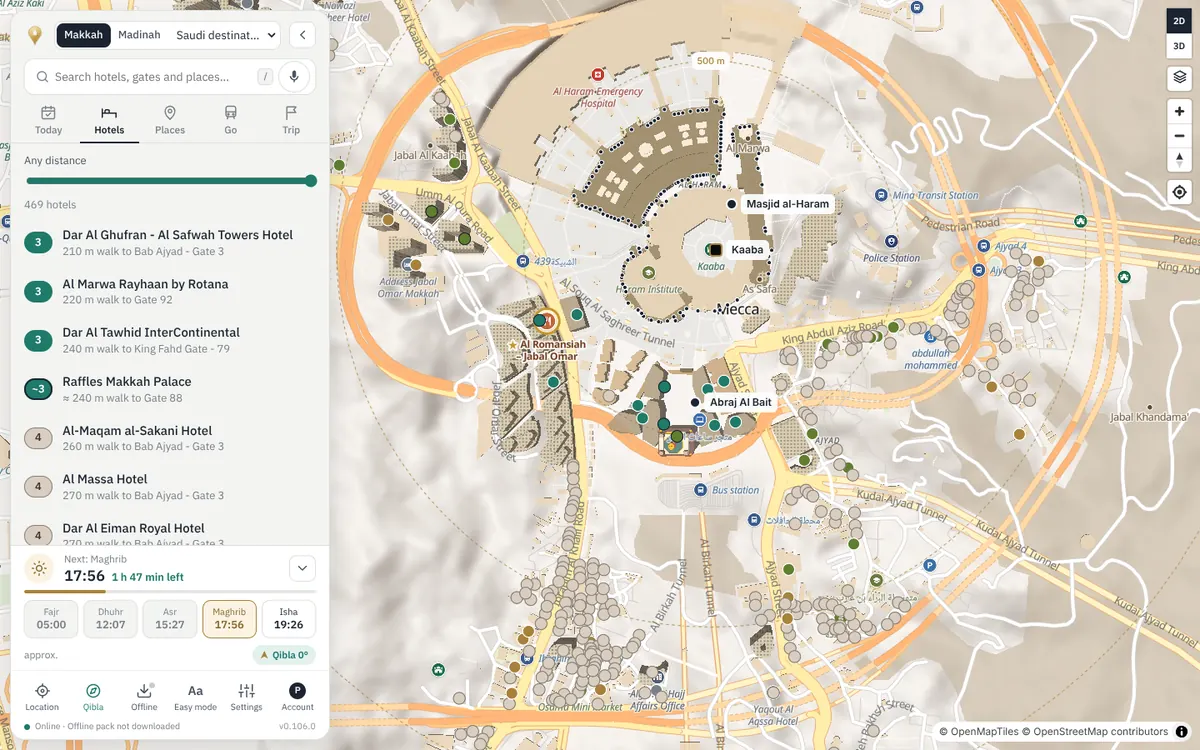 Interactive Umrah map of Makkah showing hotels near Masjid al-Haram