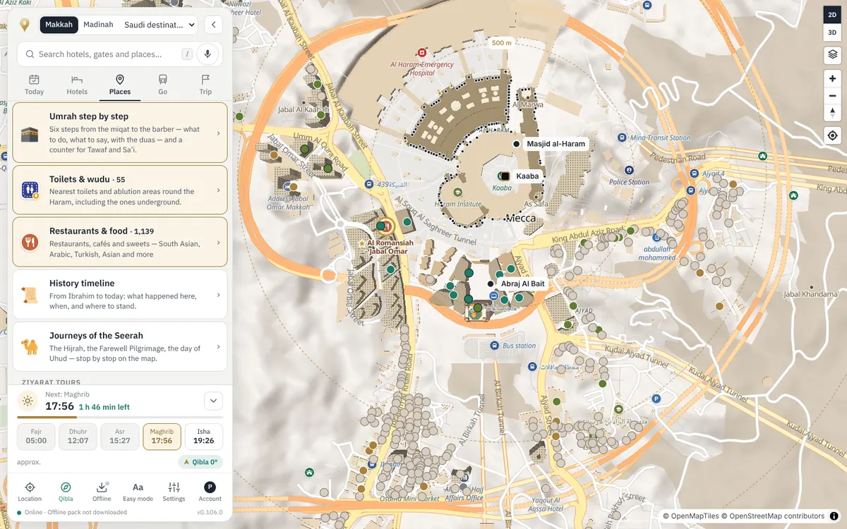Places panel of the Makkah map: Umrah step-by-step guide, toilets and wudu, restaurants, history timeline and Seerah journeys