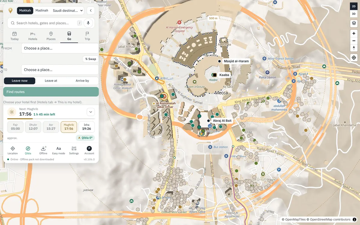 Journey planner on the Makkah map with from and to fields and leave now, leave at or arrive by options